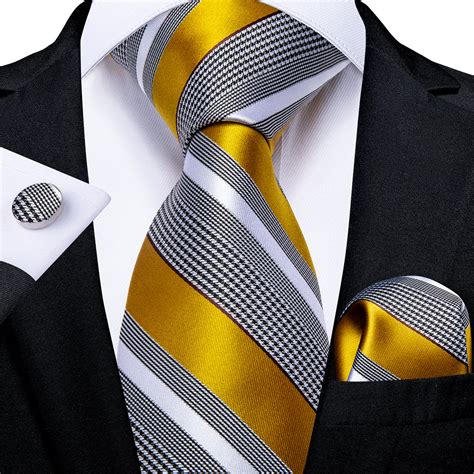 New Black White Yellow Stripe Tie Pocket Square Cufflinks Set