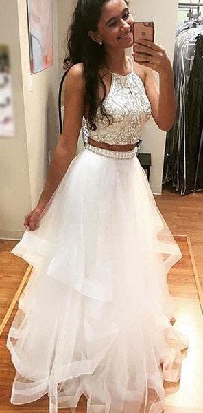 Sexy Beaded Bodice 2 Piece Prom Dress White Crystals Prom Evening