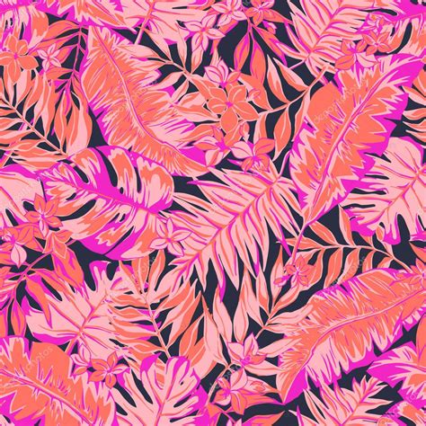 Vector Seamless Bright Graphical Tropical Pattern With Leaves Flowers