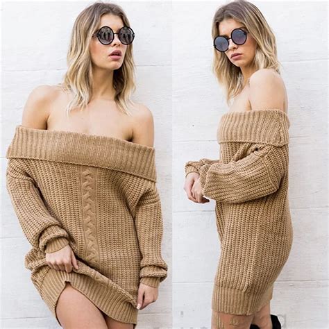 women winter knitted jumper off shoulder sweater sexy bardot warm sweater dress free size loose
