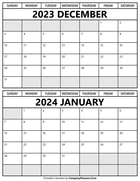 December 2023 January 2024 Calendar Printable Template
