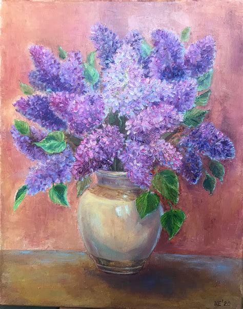 Original Still Life Oil Art Painting On Canvas Lilac Flowers Purple