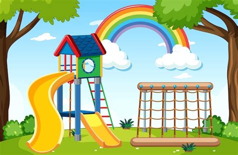 Premium Vector Kids Playground In The Park With Rainbow In The Sky At