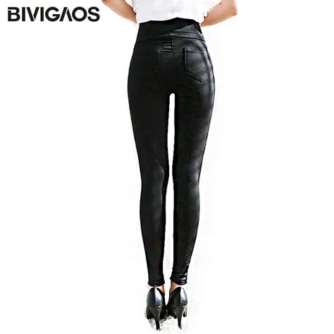 Bivigaos Spring Summer Fashion Womens Black Casual Elastic High Waist Leggings Trousers Pocket