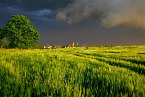 Stormy Landscape With Village Anf Heavy Clouds Stock Image Image Of