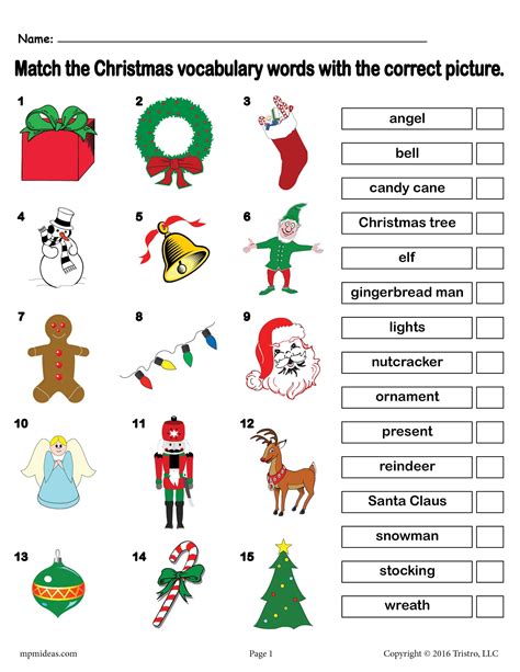 Printable Christmas Vocabulary Matching Worksheet Matching