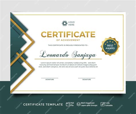 Premium Psd Green Gold Modern Certificate Template