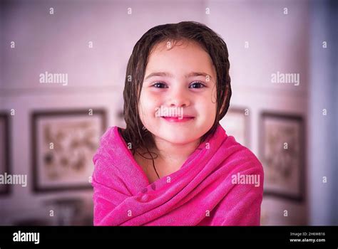 Portrait Of Little Girl Wearing Towel After Taking A Shower Childhood