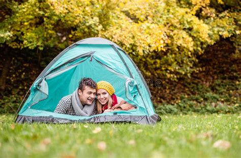 Beautiful Couple Lying In Tent Camping In Autumn Nature Stock Image Image Of Recreational