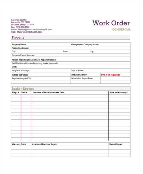 Printable Work Order Template