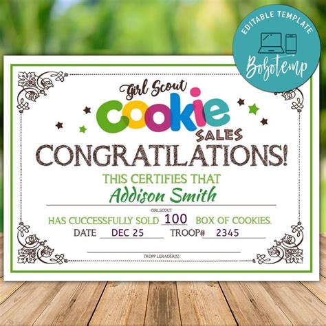 Printable Girl Scout Cookie Sales Congratulations Certificate Diy