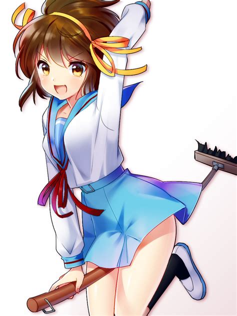 Safebooru 1girl Between Legs Broom Brown Eyes Brown Hair Hairband