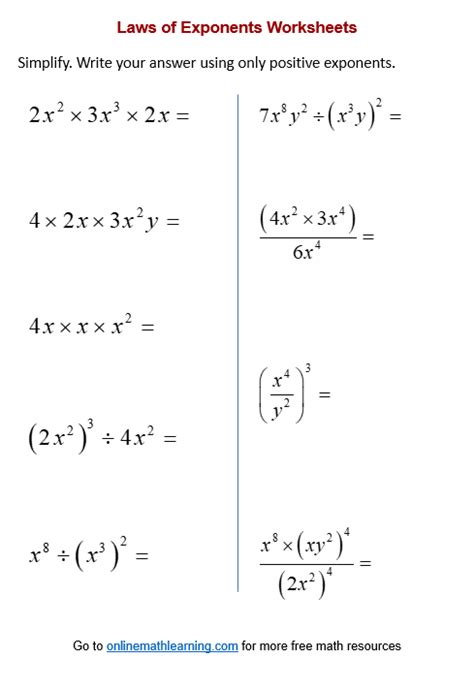 Law Of Exponents Worksheets Printable Online Answers Examples