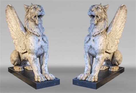 Rare Pair Of Winged Lions Cast Iron 19th Century Statues