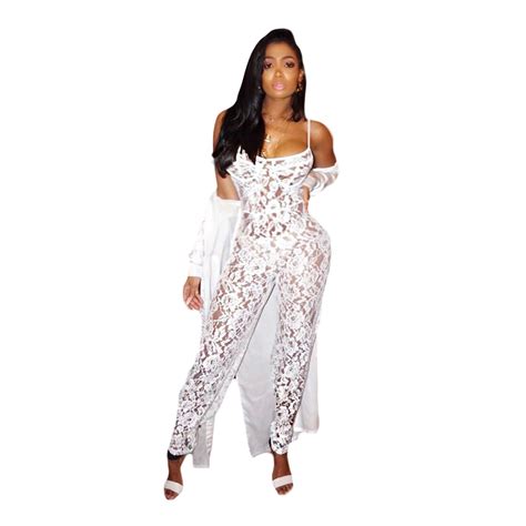 summer white lace jumpsuit women strap see through bodysuit sexy romper sheer bodycon rompers
