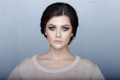Headshot Portrait Of Sensual Brunette Girl With Amazing Green Eyes