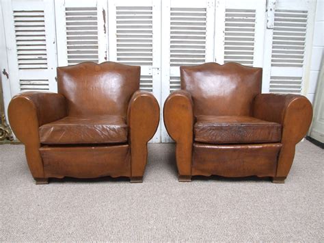 F631 Stunning Pair Vintage French Moustache Back Leather Club Chairs