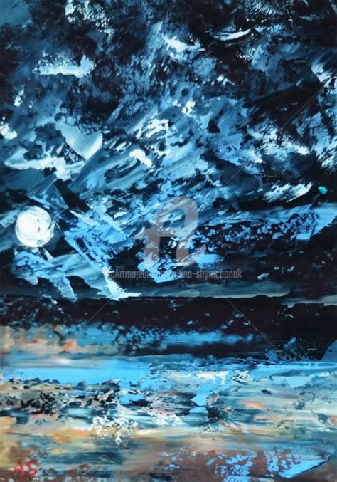 Dark Blue Abstract Landscape Oil Painting Framed Alena