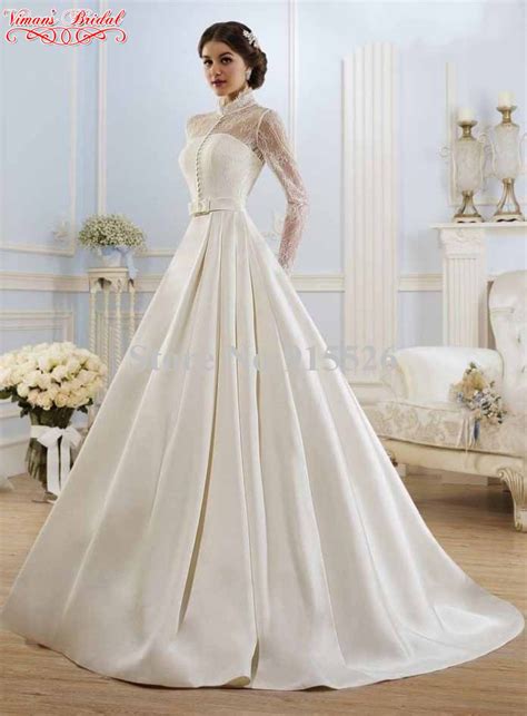 2015 Elegant White Wedding Dress Appliques Lace High Neck Full Long