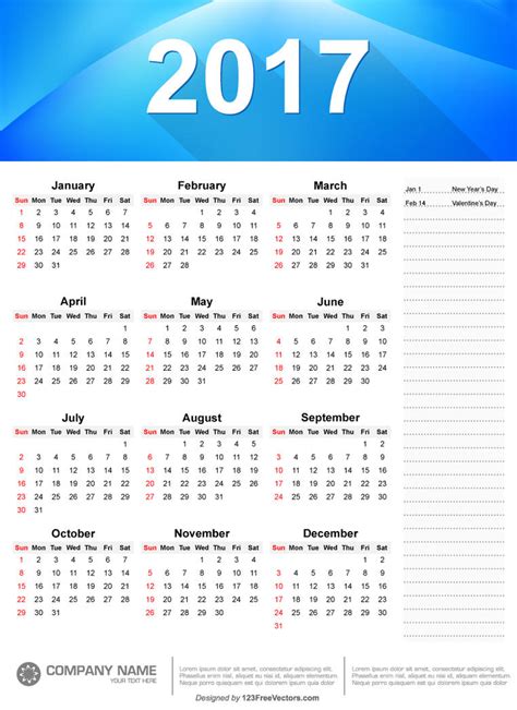 Yearly 2017 Calendar Template By 123freevectors On Deviantart