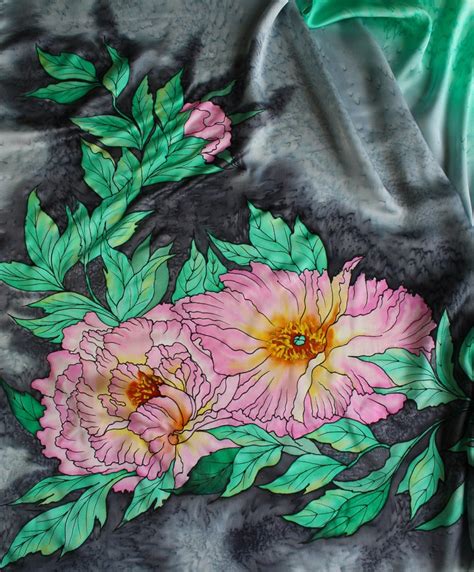 Hand Painted Silk Scarf Peonies Silk Scarf Grey And Mint Etsy