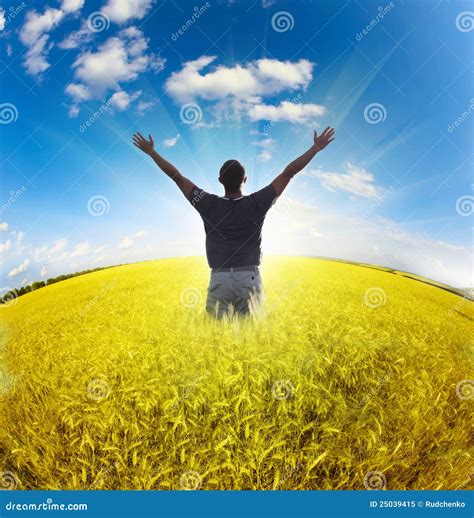 Man Standing On Field Under Blue Sky Royalty Free Stock Photo Image