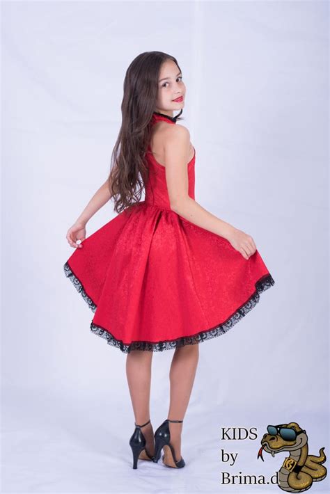 Custom Made Red Jacquard Dress With Asymmetric Skirt Kids By Brimad