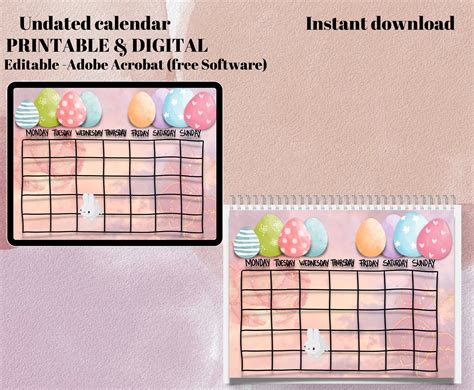 Easter Calendar Undated Calendar Pdf Template Open Printable
