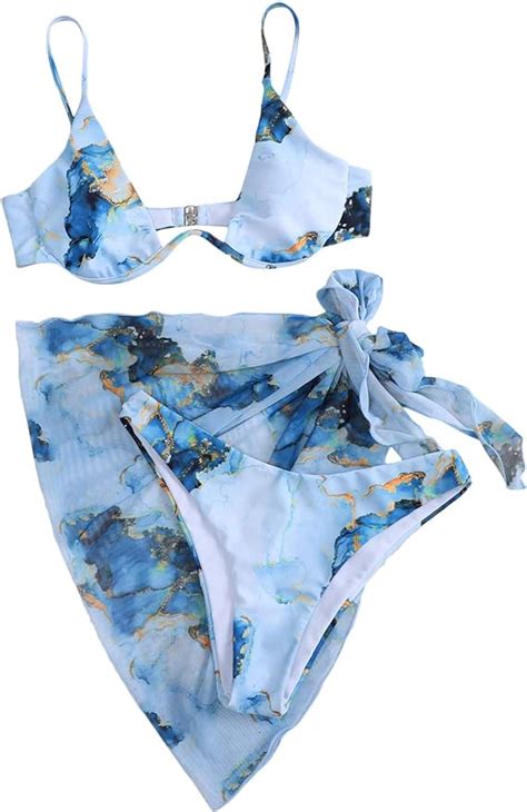 Shein Womens 3 Piece Tie Dye Underwire Bikini Set Swimsuit And Cover Up Beach Skirt