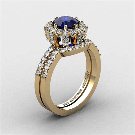 French 14K Yellow Gold 1 0 Ct Blue Sapphire Diamond Engagement Ring