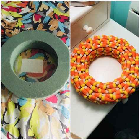 Diy Candy Corn Wreath Dollar Tree Project Made From Styrofoam Wreath And Candy Corn