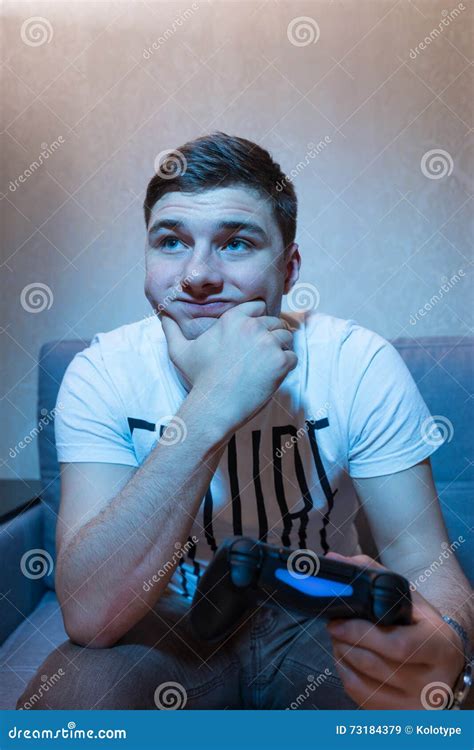 Sad Male Gamer Thinking After Playing Video Game Stock Image Image Of
