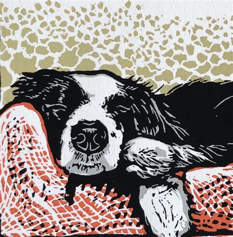 Lino Print Art Of A Border Collie Dog By Printmaker Lisa Benson