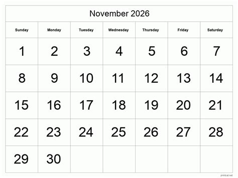 Printable November 2026 Calendar Free Printable Calendars