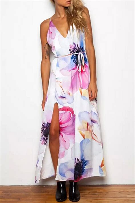 V Neck Spaghetti Strap Floral Print Maxi Dress With Side Slit And V