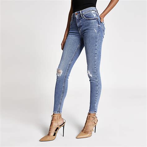 Blue Ripped Amelie Super Skinny Jeans River Island