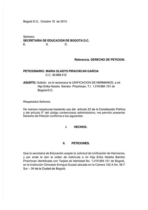 Modelo De Derecho De Peticion Educativo Bogot Bogot D D Octubre