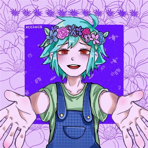 an anime character with blue hair and flowers on her head holding out her hands