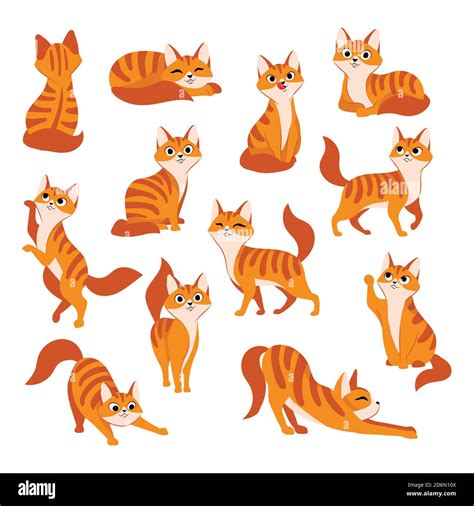 Red Cute Cat In Different Poses Vector Cartoon Flat Illustration