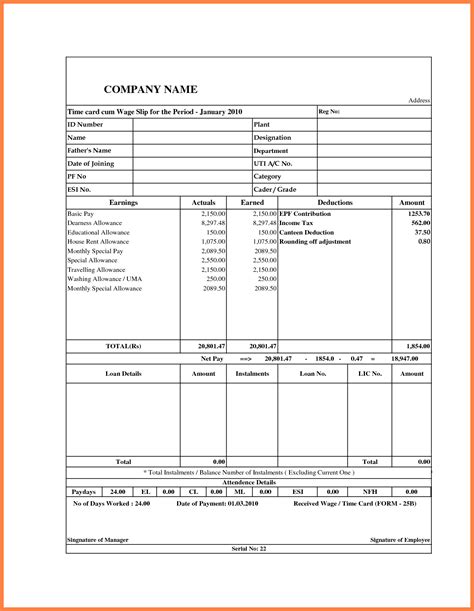 Salary Slip Format In Excel With Formula Within Blank Payslip Template