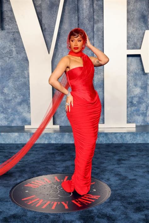 Cardi B Is A Lady In Red With Sheer Veiled Dress And 6 Inch Heels At Vanity Fair Oscars Party 2023