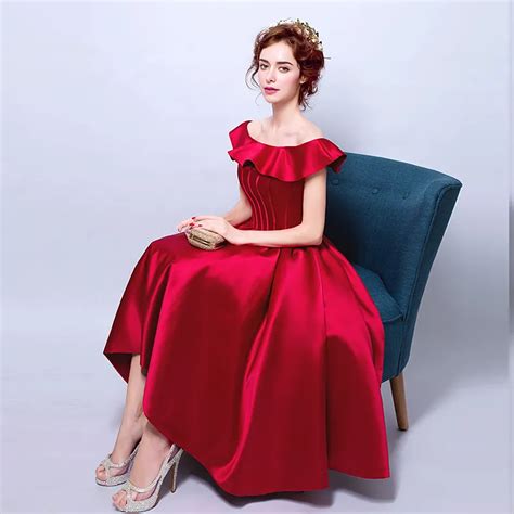 Elegant Off The Shoulder Dark Red Vintage Prom Dress Knee Length Satin Women Party Dresses