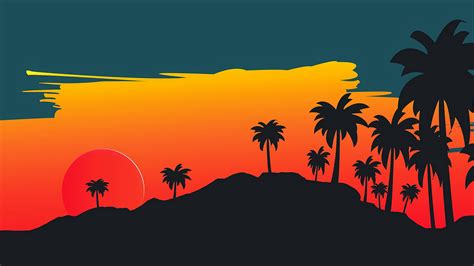 Wallpaper Digital Art Landscape Mountains Palm Trees Sunset Fan