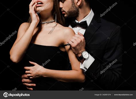 Cropped View Passionate Man Undressing Sexy Woman Isolated Black Stock