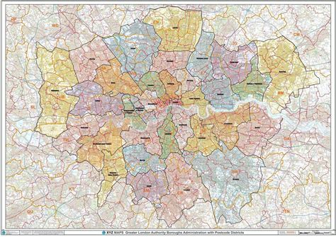 Xyz Maps Greater London Authority Boroughs With Postcode Districts Format A0 1189 X 841 Mm