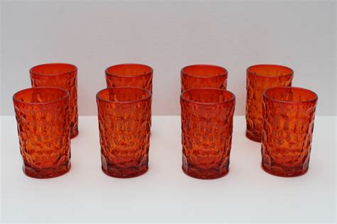 Mod Vintage Flame Orange Drinking Glasses Fostoria Pebble Beach Juice Glasses Small Tumblers