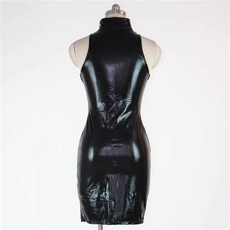 latex rubber buckle bust zipper black pvc sexy faux leather cupless vinyl club mini dress w377709