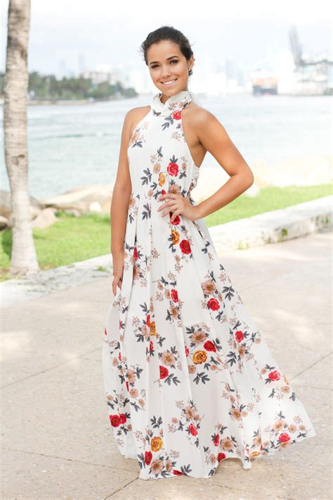 Ivory Halter Neck Maxi Dress With Floral Print Maxi Dresses Saved