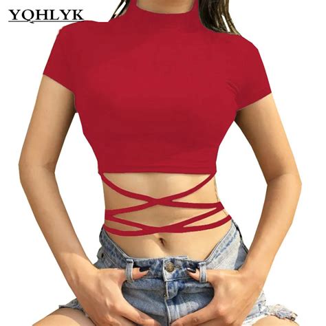 summer women sexy short sleeve t shirt solid color tight show thin bandage belly navel short top