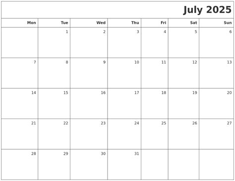 July 2025 Printable Blank Calendar